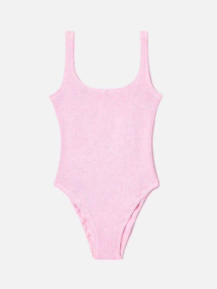 Lora one-piece swimsuit in pink solid color crinkle fabric