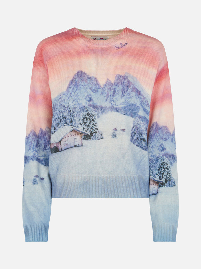 Damenpullover Louise aus Kaschmirmischung mit Chalet-Sonnenuntergangs-Print