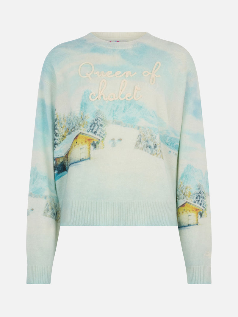 Woman blend cashmere sweater Louise with chalet print and Queen of Chalet embroidery