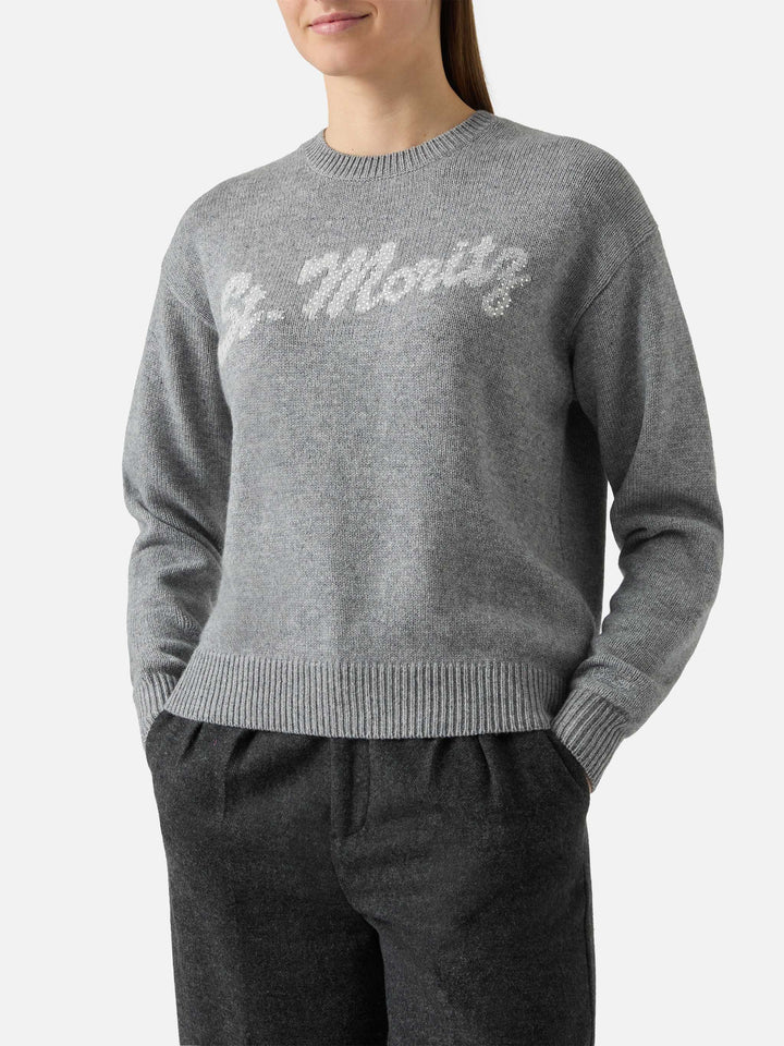 Grey crewneck Louise with St. Moritz rhinestones embellishment | ST. MORITZ TOP OF THE WORLD SPECIAL EDITION