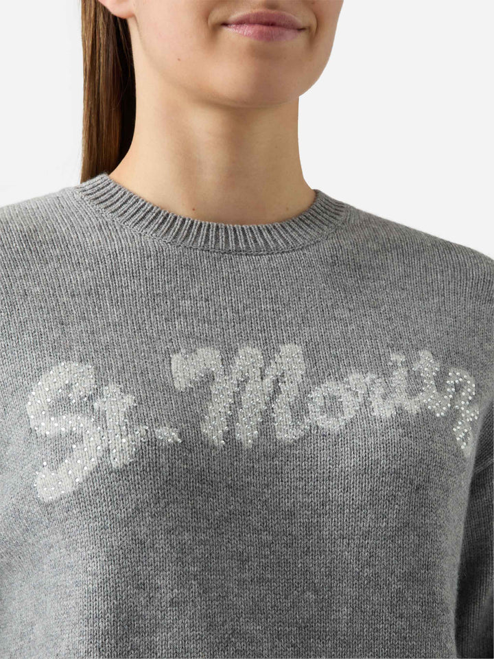 Grey crewneck Louise with St. Moritz rhinestones embellishment | ST. MORITZ TOP OF THE WORLD SPECIAL EDITION