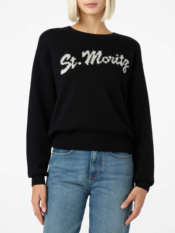 Woman black sweater Louise with St. Moritz rhinestones embellishment | ST. MORITZ TOP OF THE WORLD SPECIAL EDITION