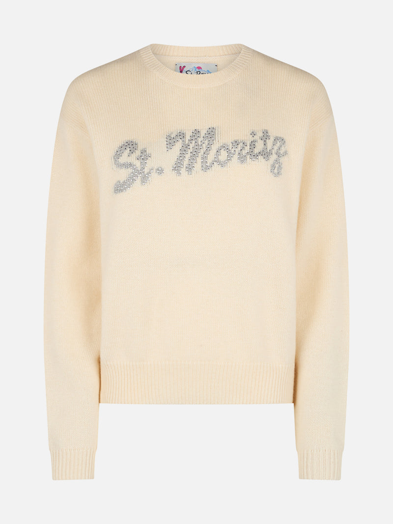 Weißer Damenpullover Louise mit St. Moritz Strass-Verzierung | ST. MORITZ TOP OF THE WORLD SPECIAL EDITION