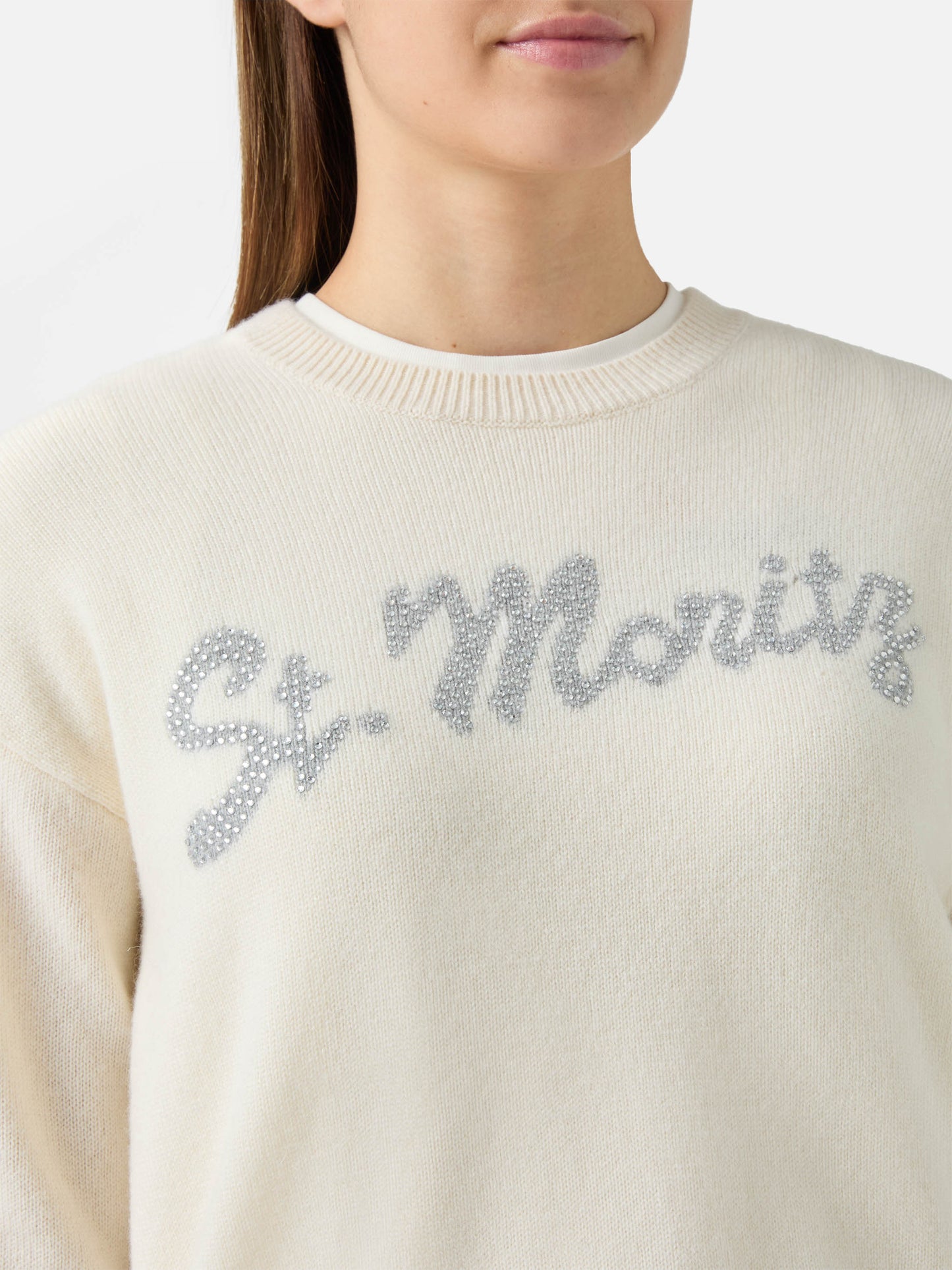 Louise cashmere sweater in white with St. Moritz rhinestone appliqué