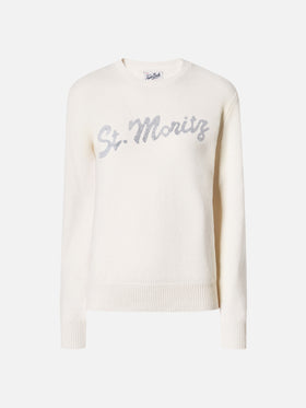Louise cashmere sweater in white with St. Moritz rhinestone appliqué
