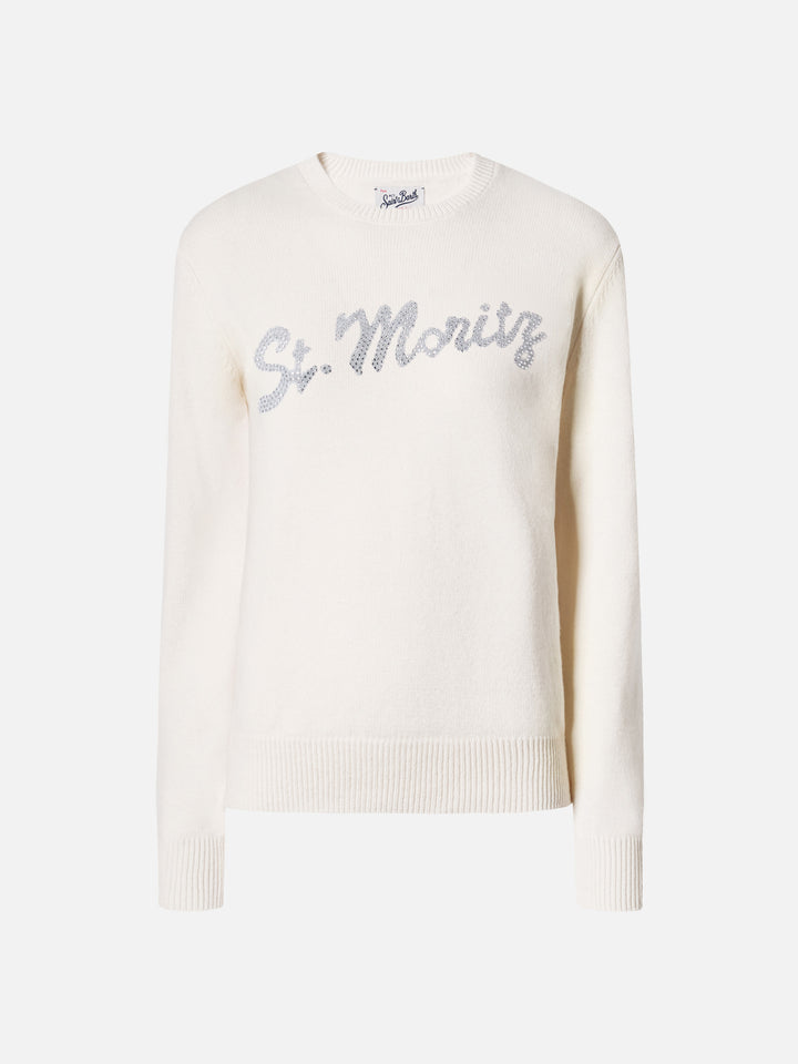 Louise cashmere sweater in white with St. Moritz rhinestone appliqué