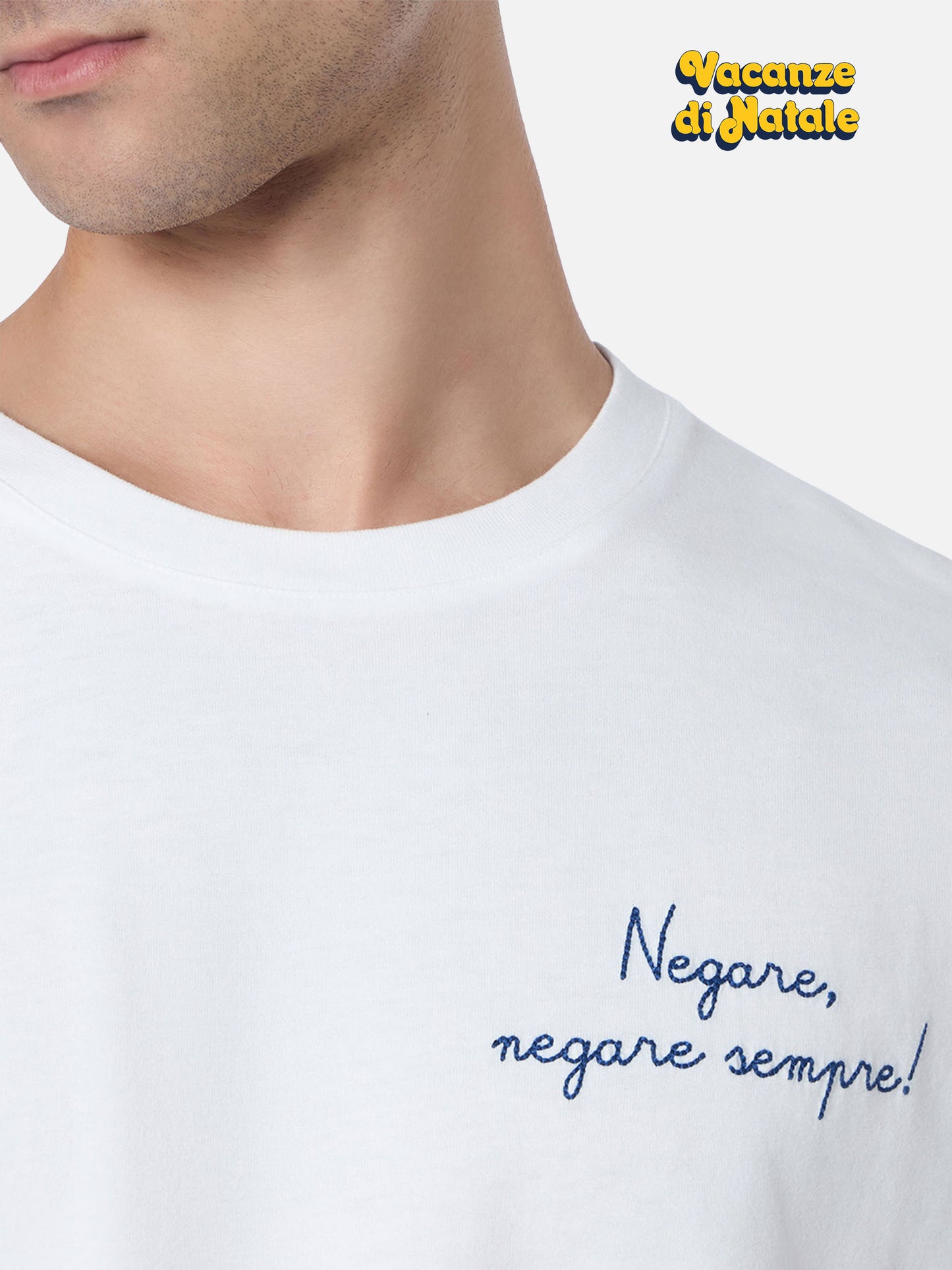 Man white t-shirt Luton with Negare, negare sempre! embroidery | VACANZE DI NATALE SPECIAL EDITION