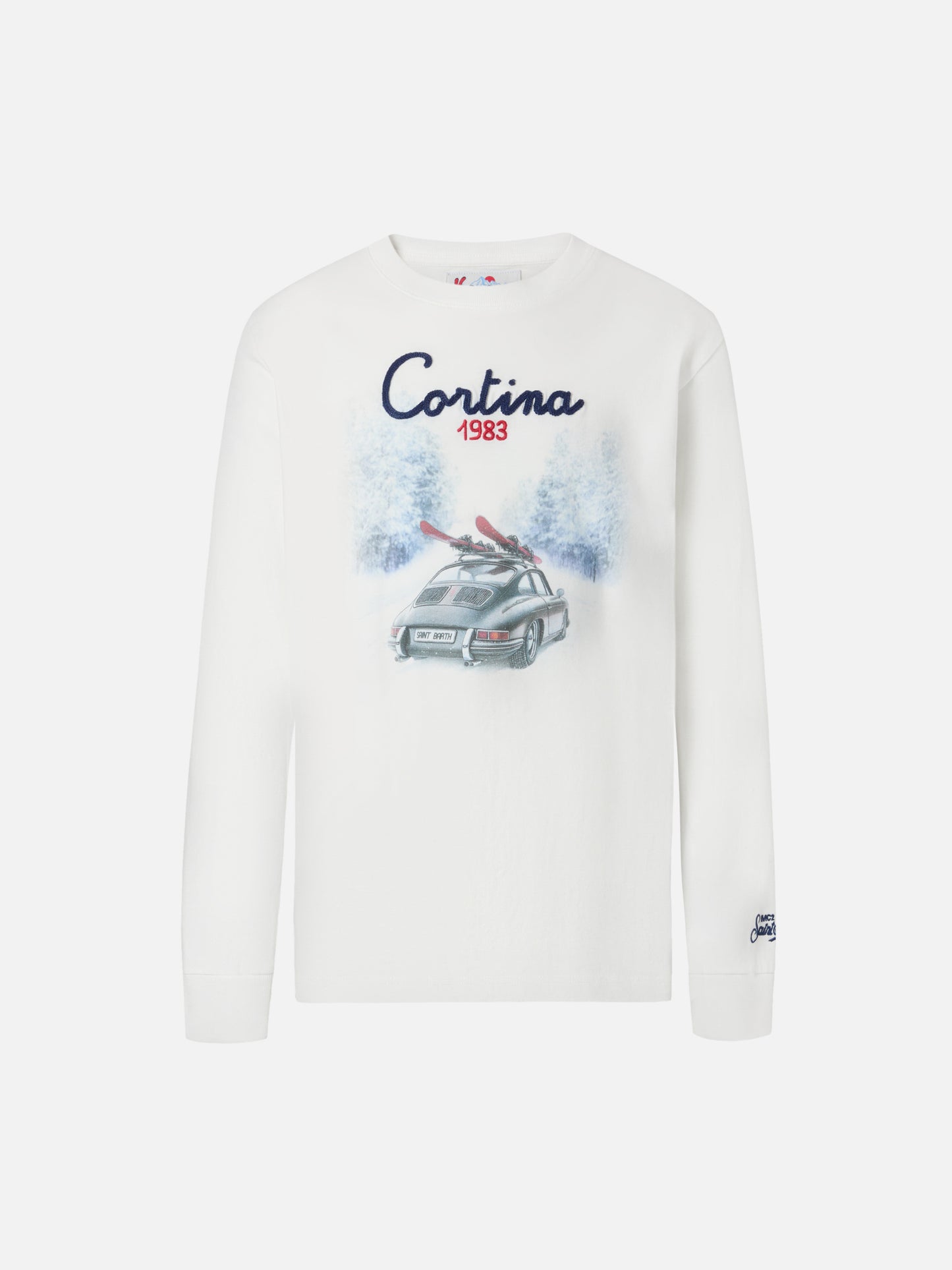 T-shirt Luton in cotone invernale bianco a maniche lunghe con ricamo Cortina 1983 e stampa Cortina