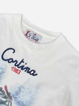 T-shirt Luton in cotone invernale bianco a maniche lunghe con ricamo Cortina 1983 e stampa Cortina