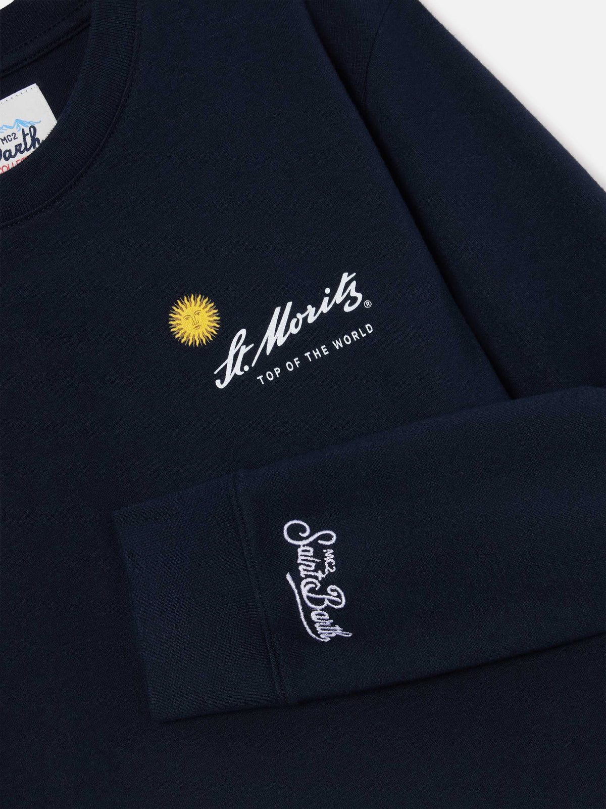 T-shirt Luton blu navy a manica lunga in cotone con stampa St. Moritz sul retro | Special edition