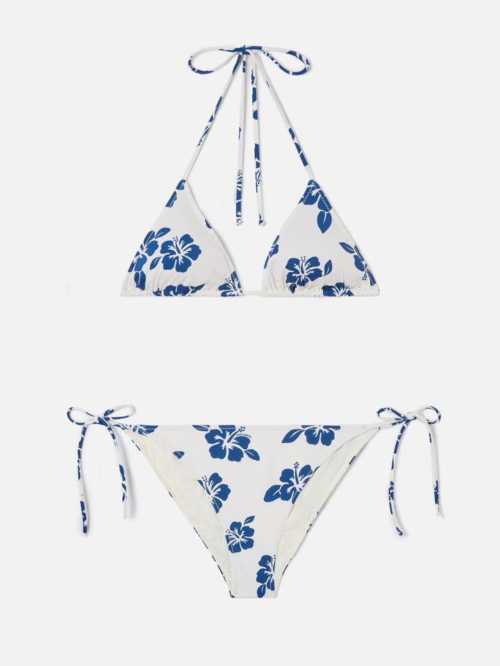 Bikini Levyne triangle in stretch fabric with blue hibiscus print