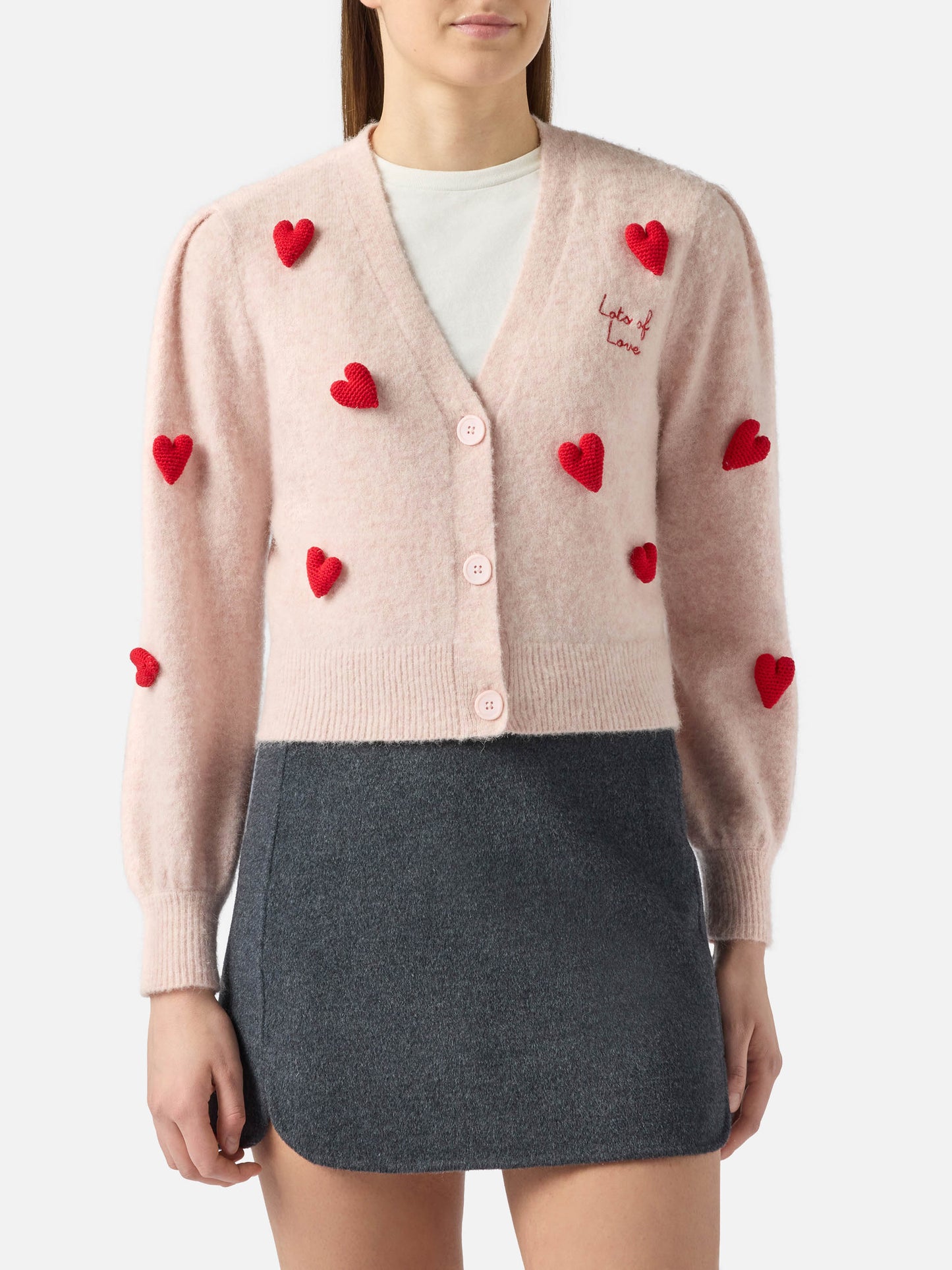 Woman brushed cropped cardigan with puff sleeves