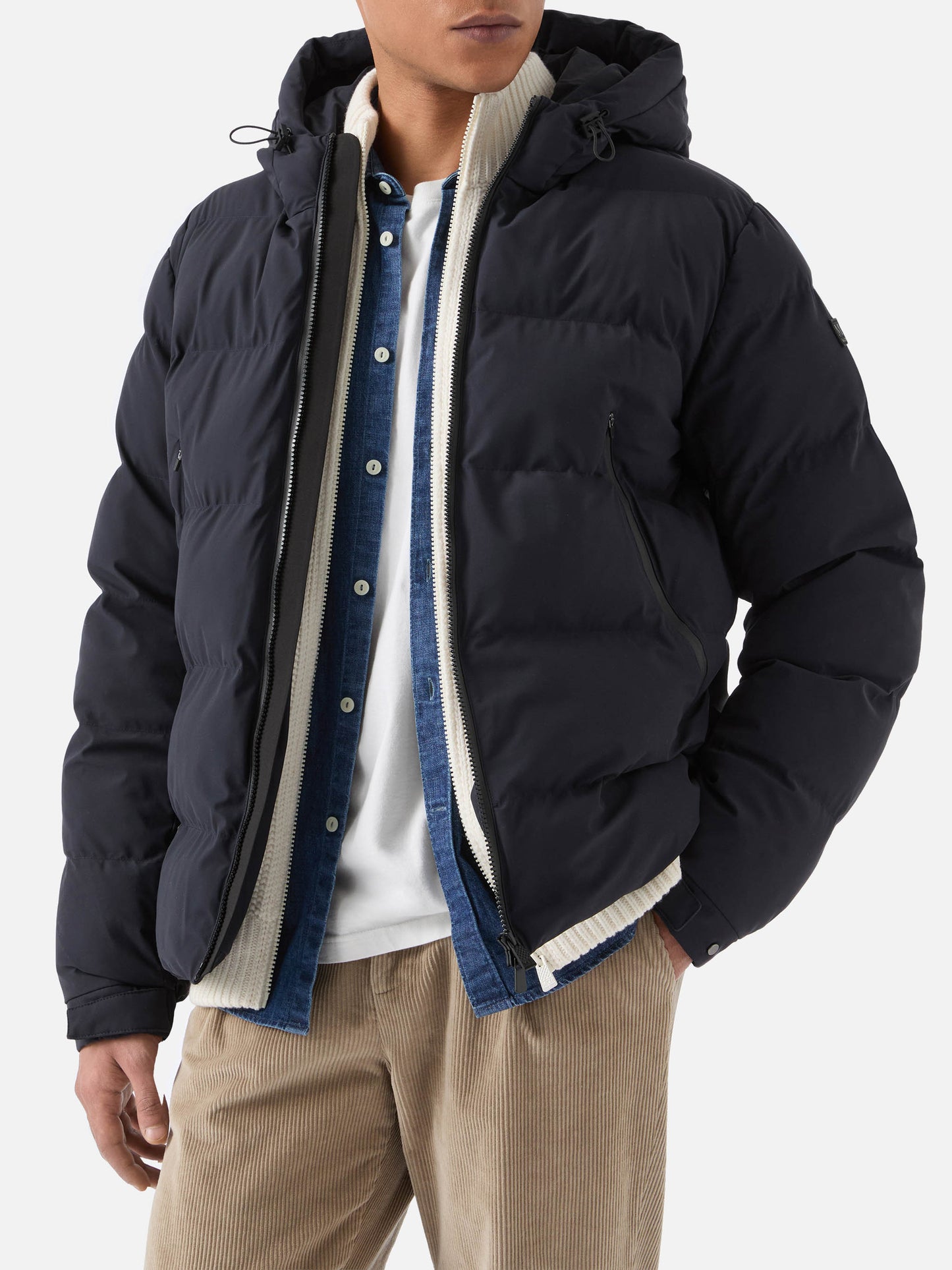 Maier padded hooded jacket in technical fabric in navy blue solid color