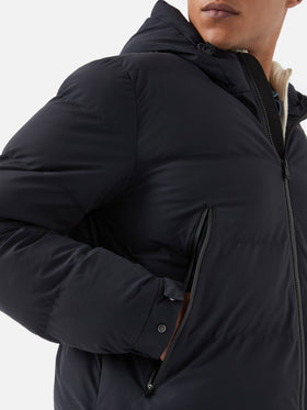 Maier padded hooded jacket in technical fabric in navy blue solid color