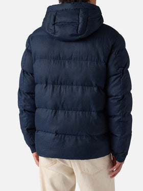 Man navy blue flannel hooded puffer jacket Maier