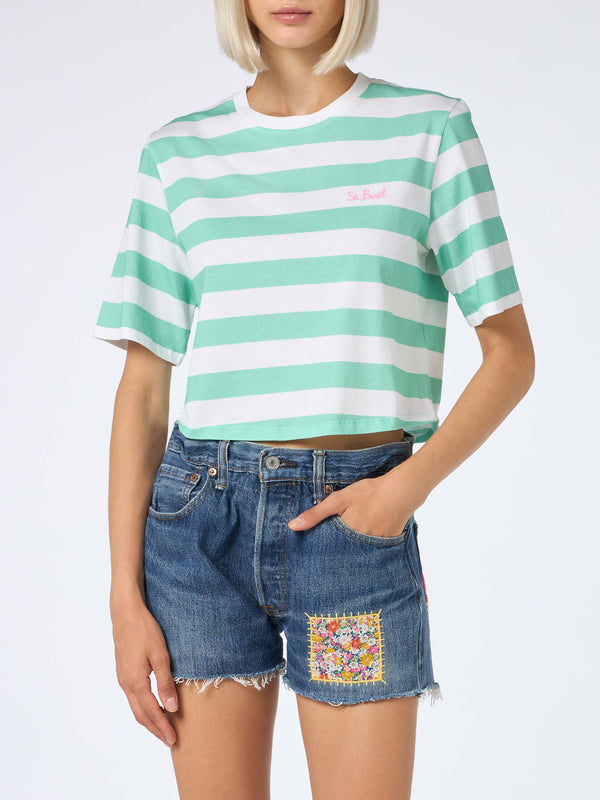 Woman acquamarine and white striped crop t-shirt