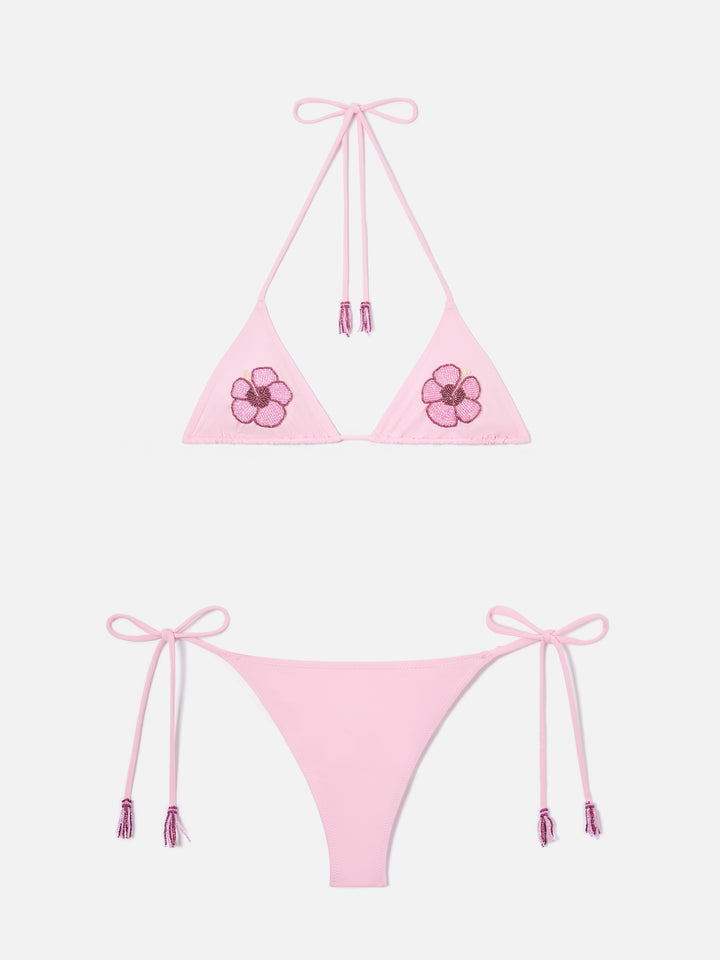 Bikini Maleah de triángulo en rosa con adornos florales de cuentas 
