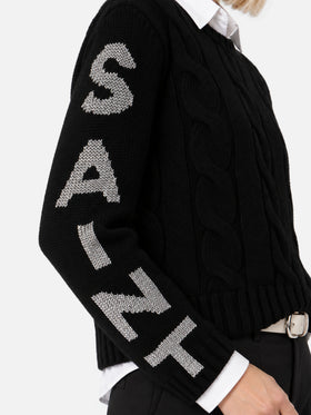 Schwarzer Kabelstrickpullover Malmo mit Lurex-Logo 