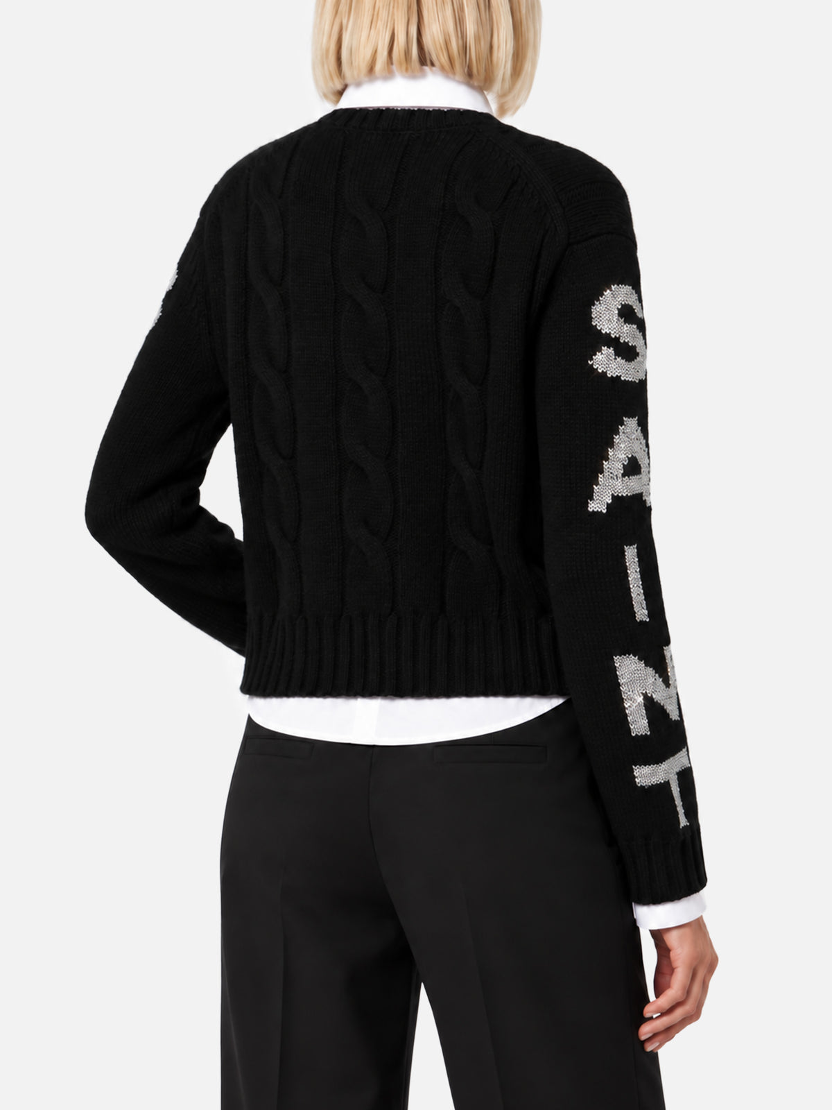 Schwarzer Kabelstrickpullover Malmo mit Lurex-Logo 