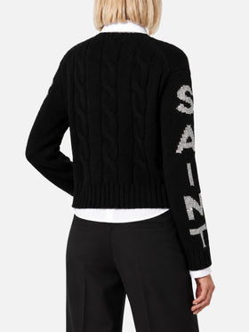 Schwarzer Kabelstrickpullover Malmo mit Lurex-Logo 