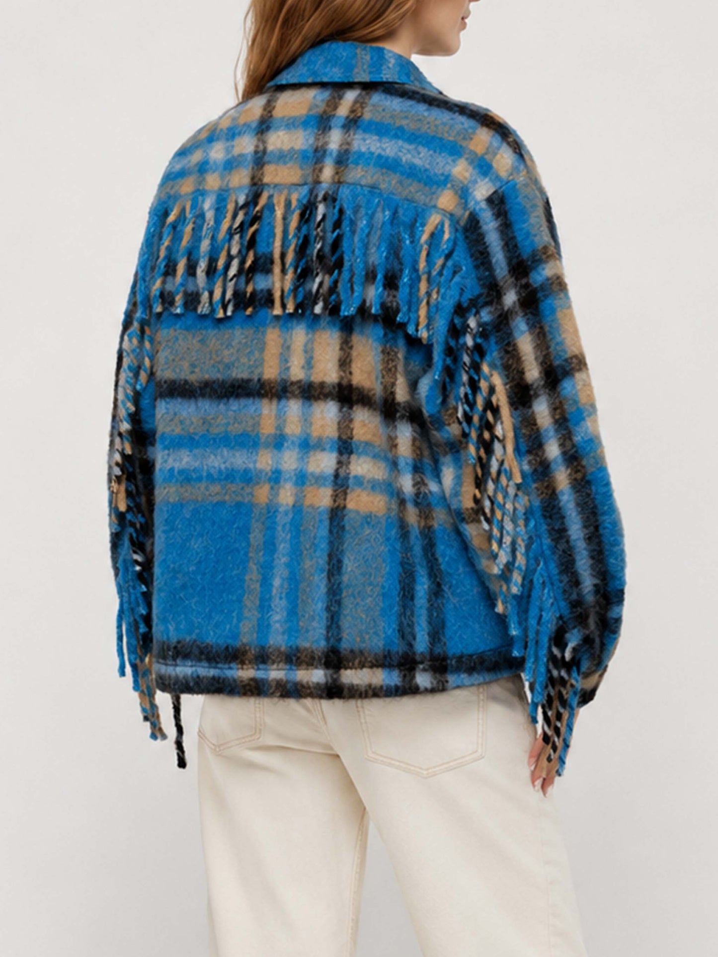 Marceline overshirt jacket with fringes and tartan pattern