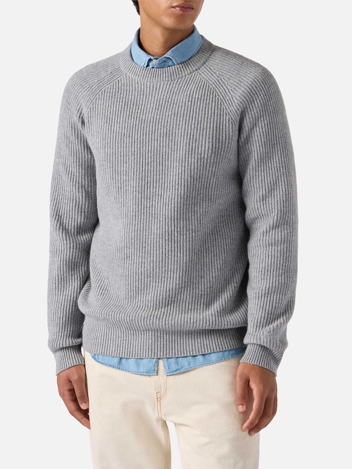 Maglione Marine in pura lana grigio melange a coste inglesi
