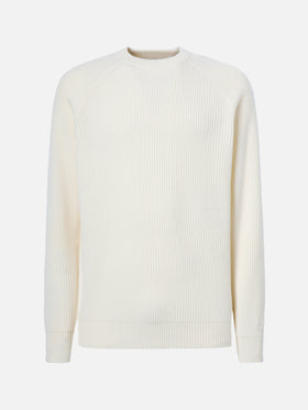 Maglione Marine in pura lana bianco a coste inglesi