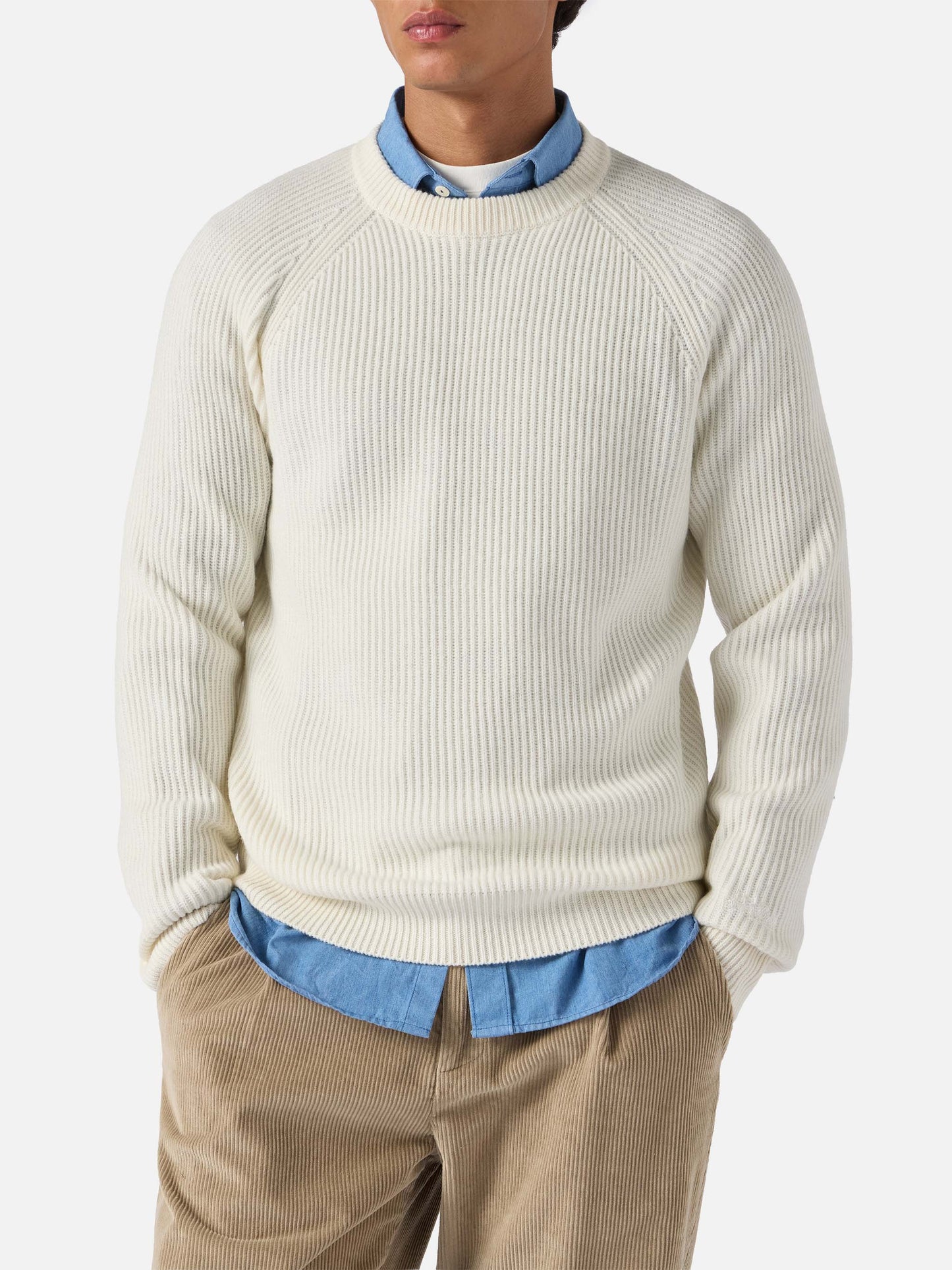 Maglione Marine in pura lana bianco a coste inglesi