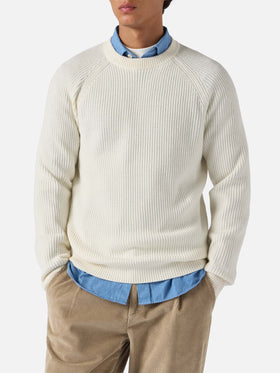 Maglione Marine in pura lana bianco a coste inglesi