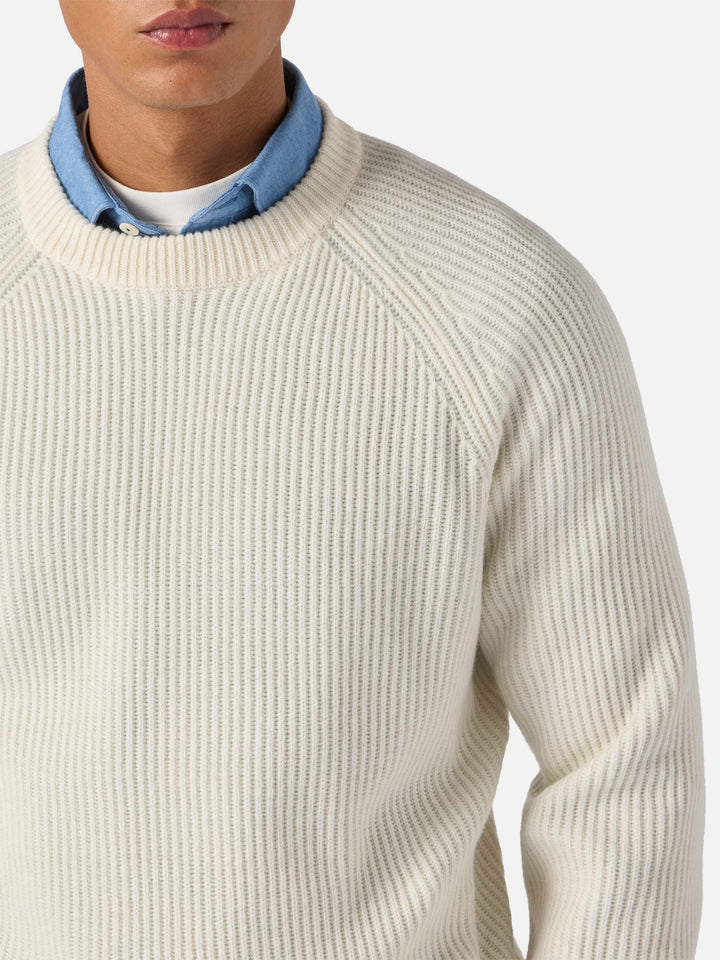 Maglione Marine in pura lana bianco a coste inglesi