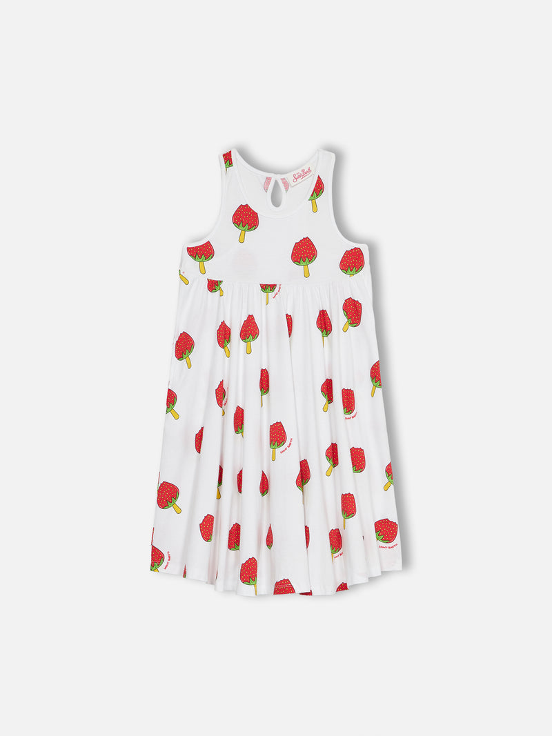 Girl cotton dress Masha with strawberry popsicle print