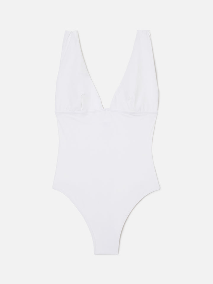 Mavi one-piece swimsuit with deep V neckline in solid white