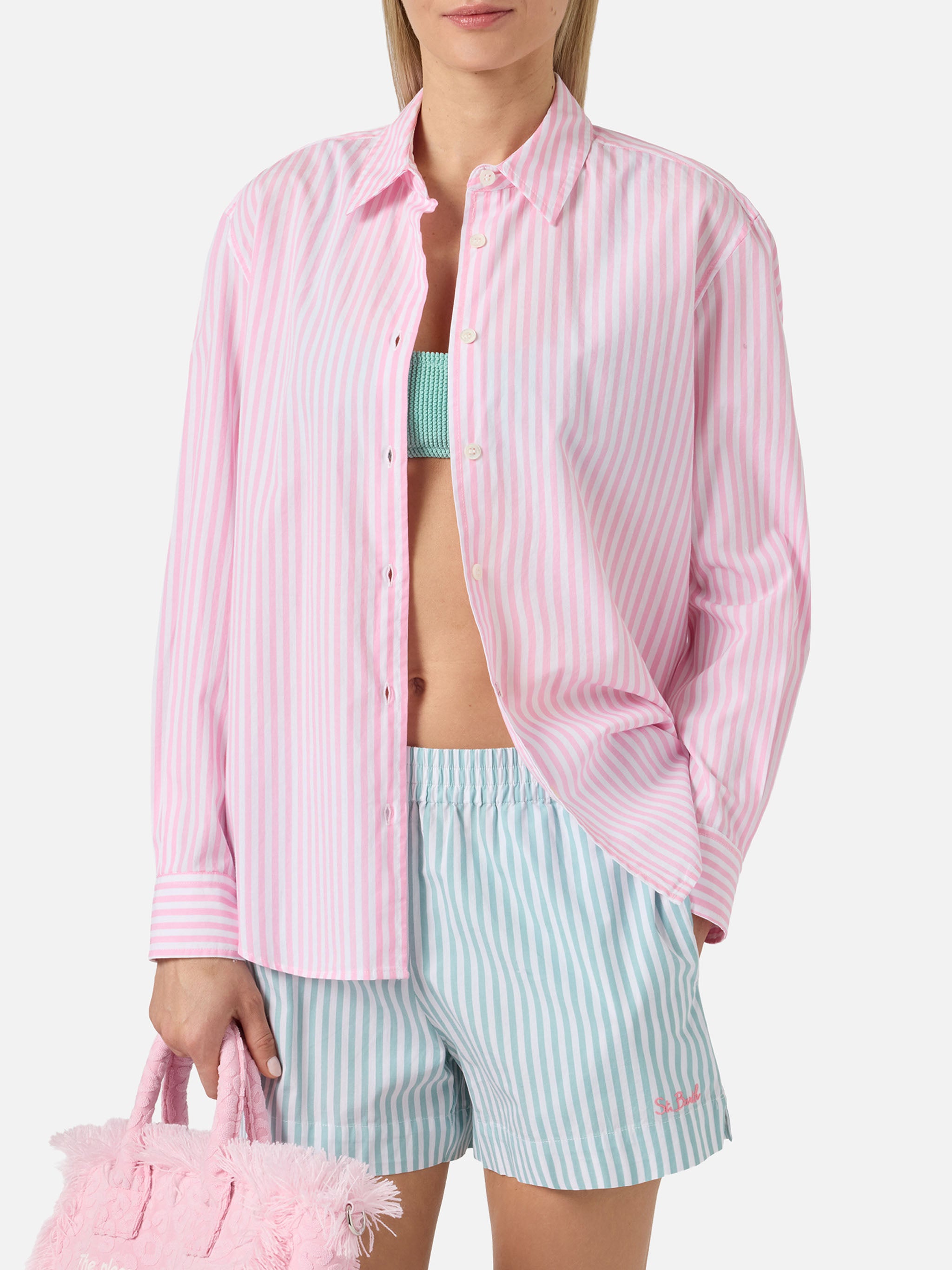 Meredith cotton shirt with pink stripes and Saint Barth embroidery ...