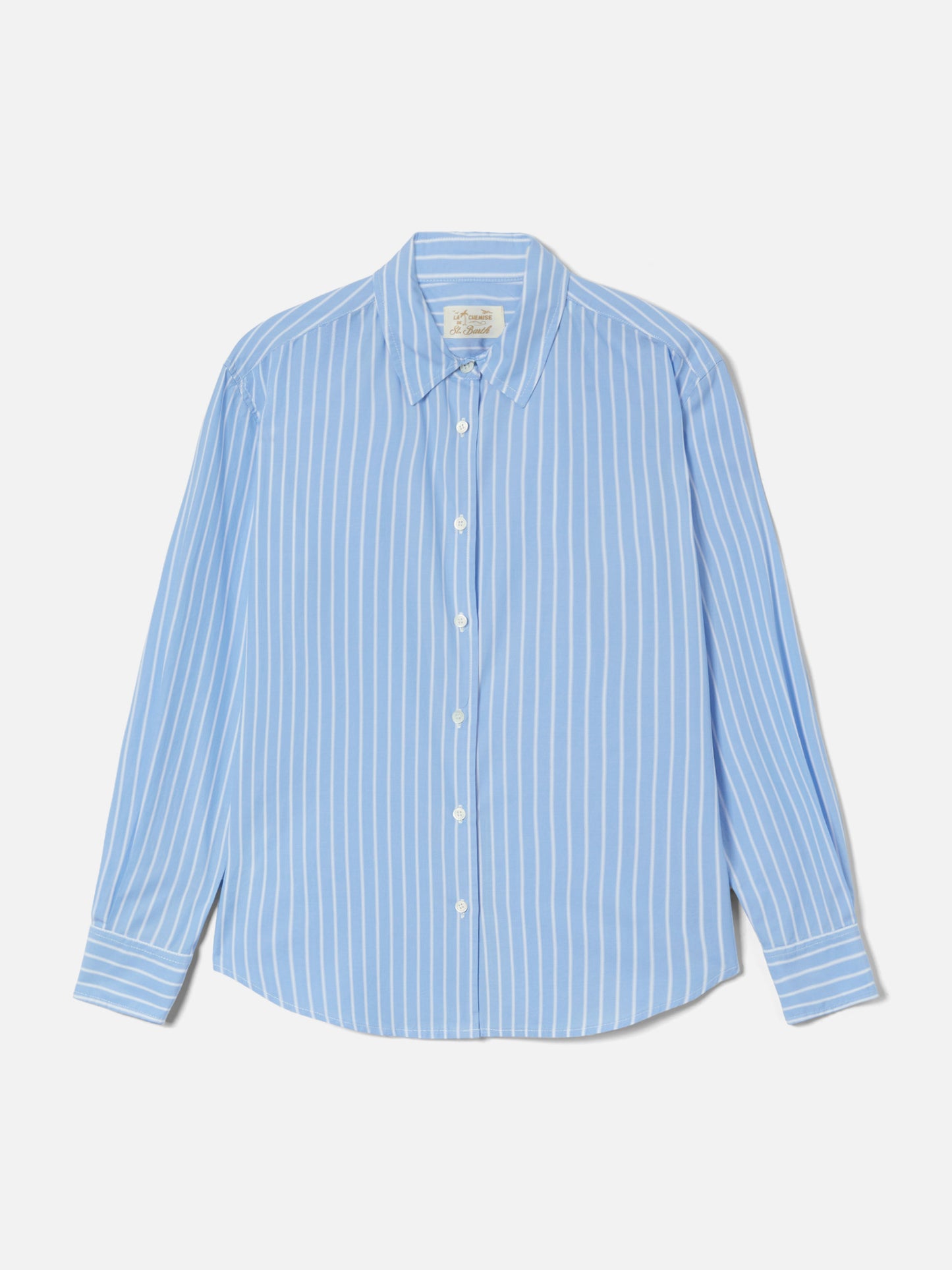 Meredith cotton shirt with light blue stripes and St. Barth Queen embroidery