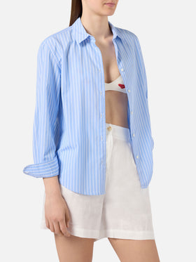 Meredith cotton shirt with light blue stripes and St. Barth Queen embroidery