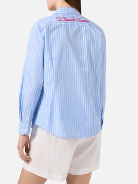 Meredith cotton shirt with light blue stripes and St. Barth Queen embroidery