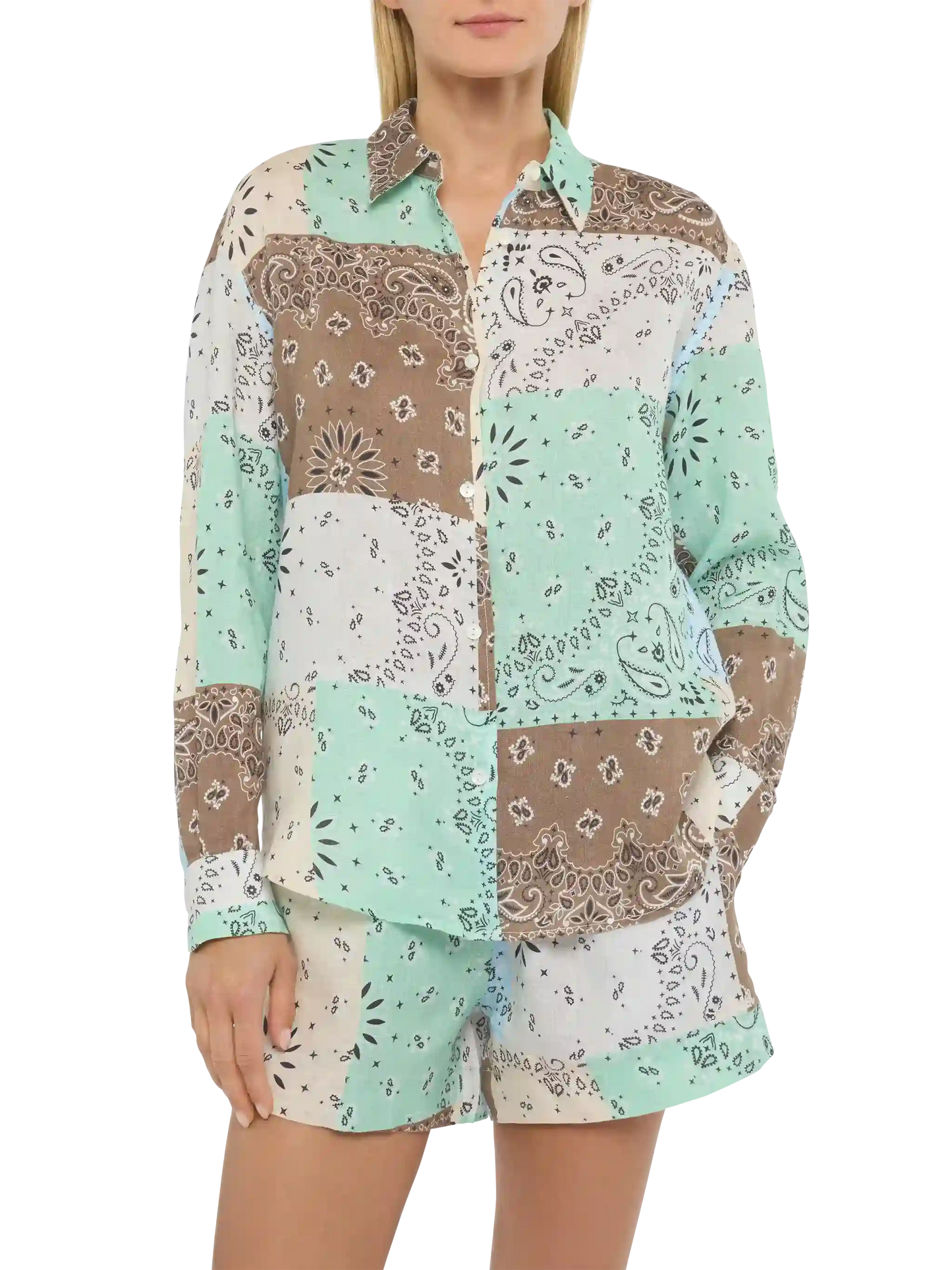 Meredith linen classic shirt with bandanna patch print