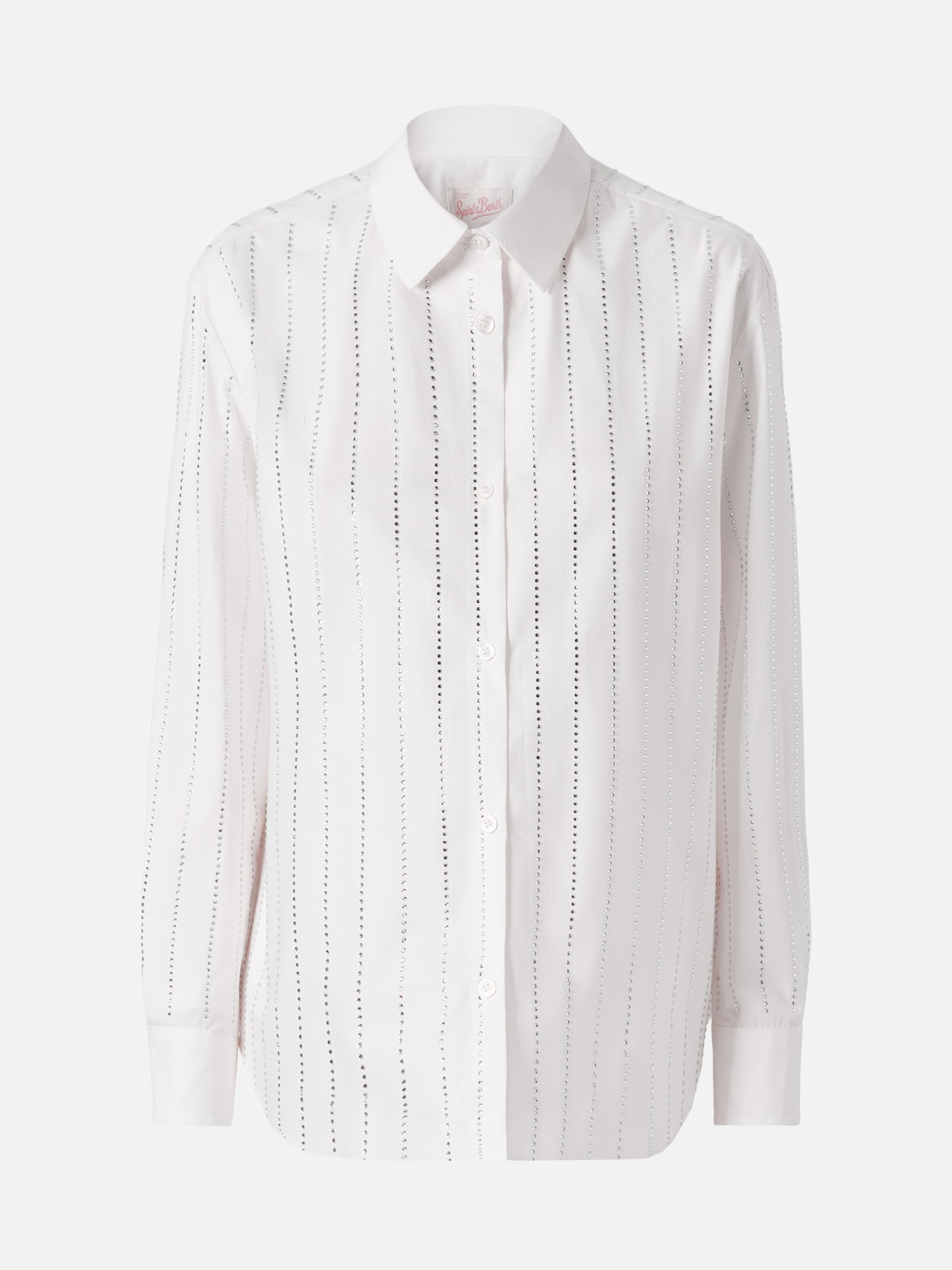 Camicia classica in popeline di cotone Meredith con decorazione rigata in strass