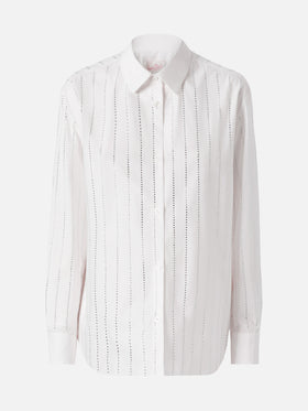 Camicia classica in popeline di cotone Meredith con decorazione rigata in strass