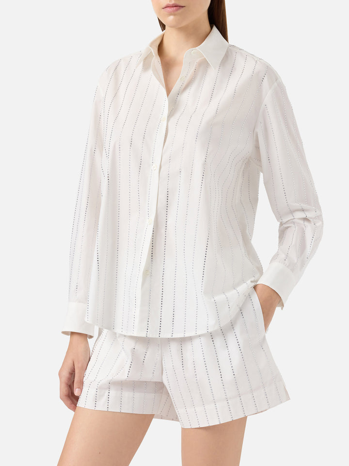 Camicia classica in popeline di cotone Meredith con decorazione rigata in strass