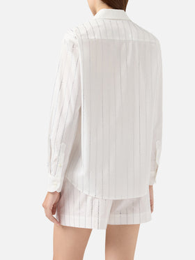 Camicia classica in popeline di cotone Meredith con decorazione rigata in strass