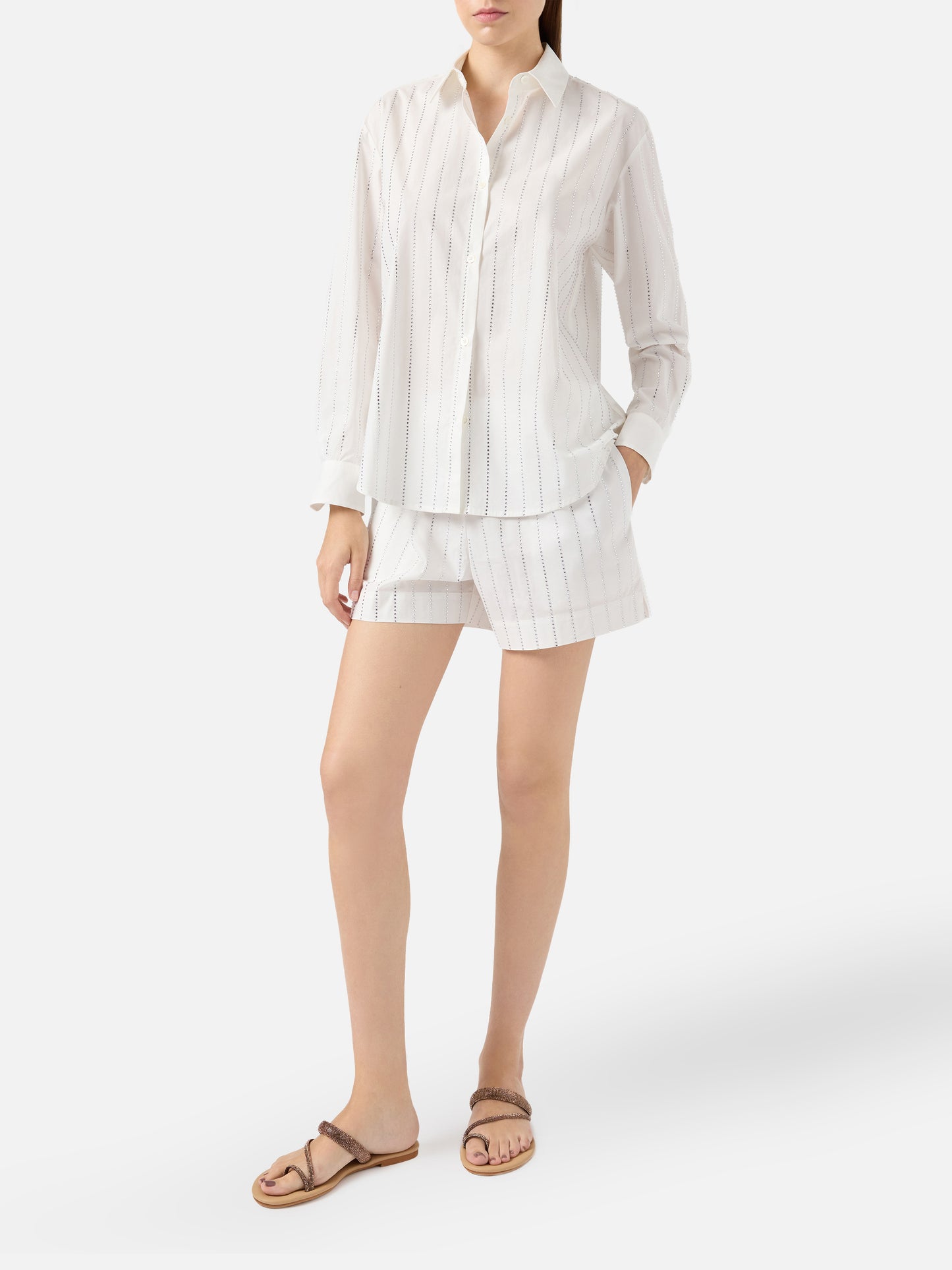 Camicia classica in popeline di cotone Meredith con decorazione rigata in strass
