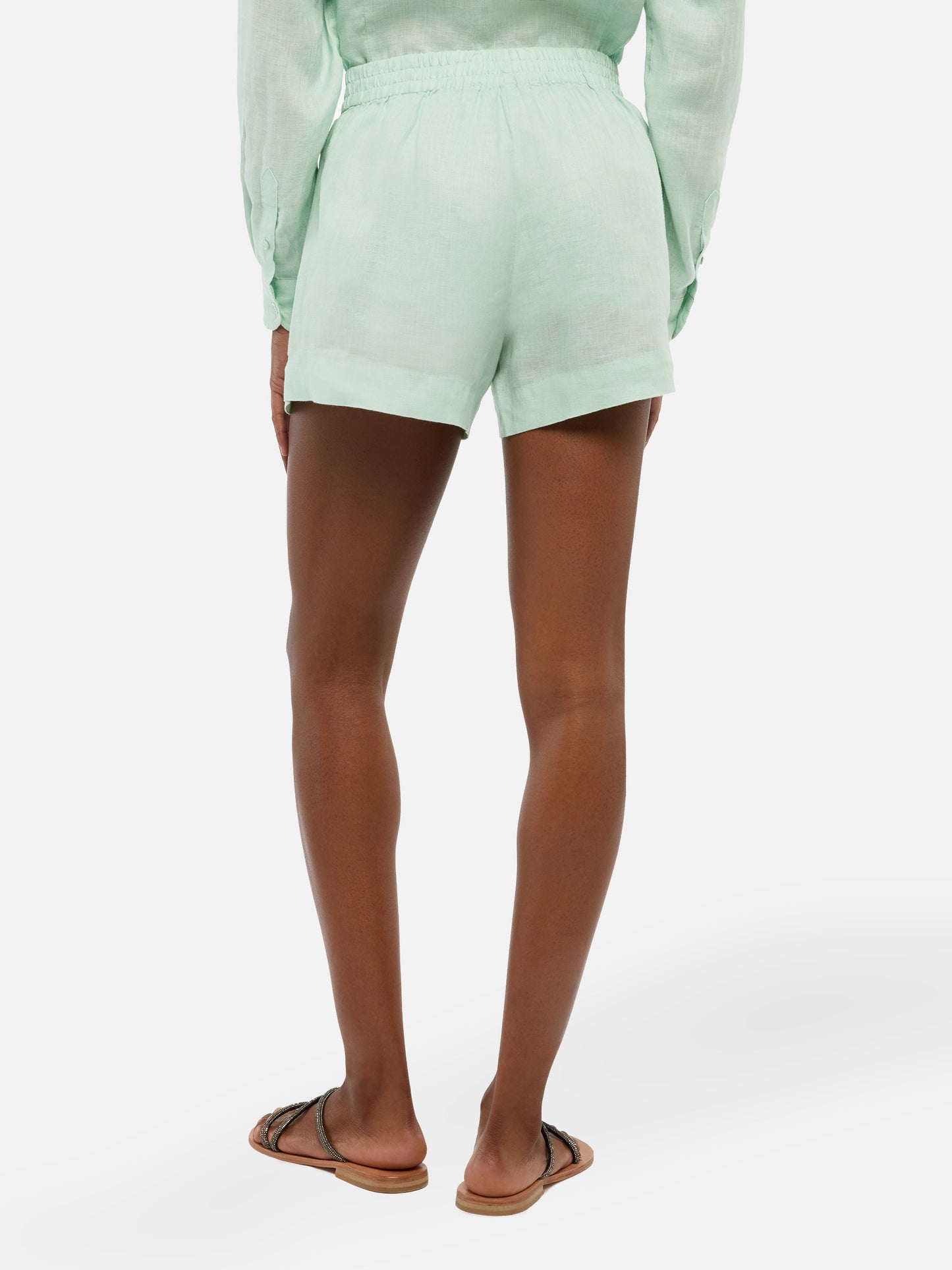Meave sage green linen pull up shorts