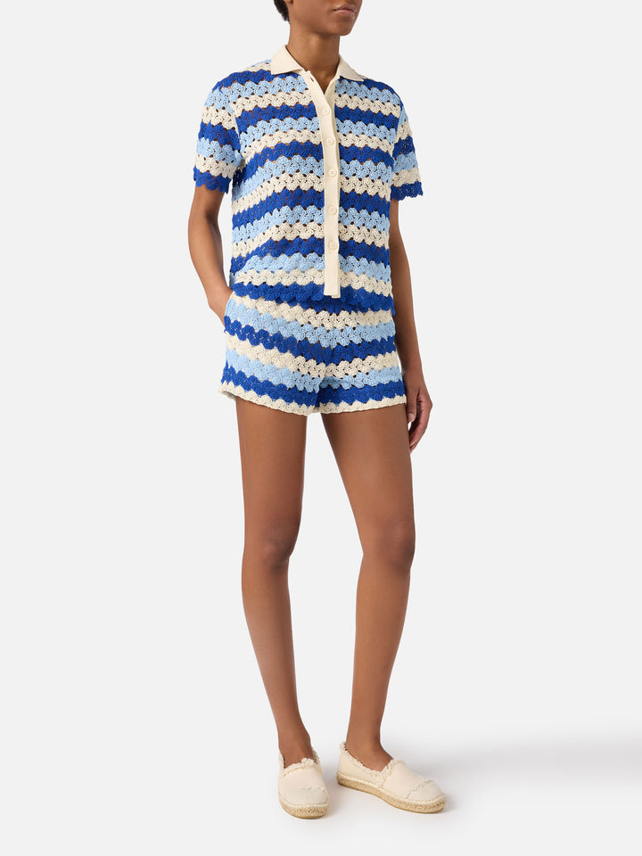 Blue striped Meave crochet shorts