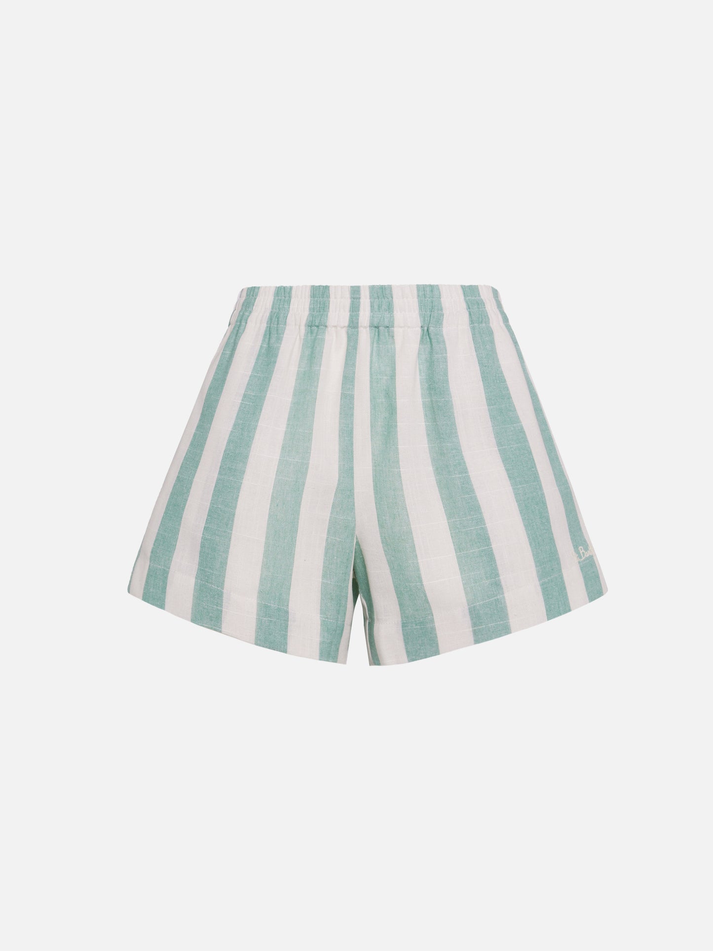 Meave linen pull up shorts with sage green striped print