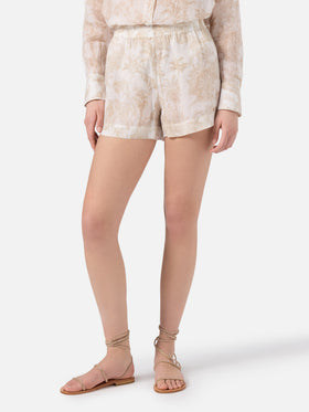Meave ramie shorts with beige toile de Jouy print