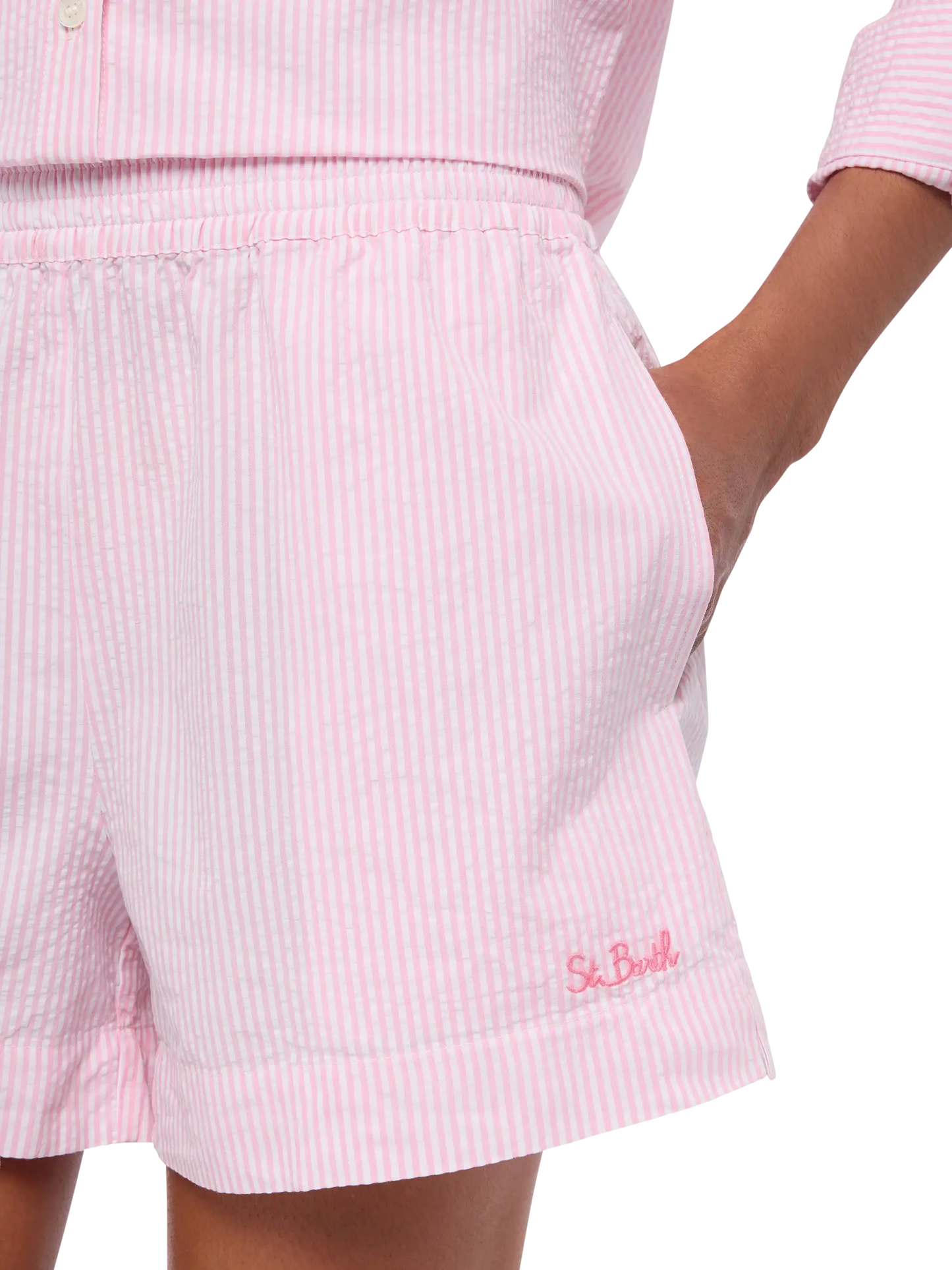 Meave shorts pull up in cotone seersucker con stampa a righe rosa