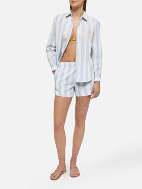 Meave – Pull-Up-Shorts aus Leinen mit hellblauem Streifenmuster