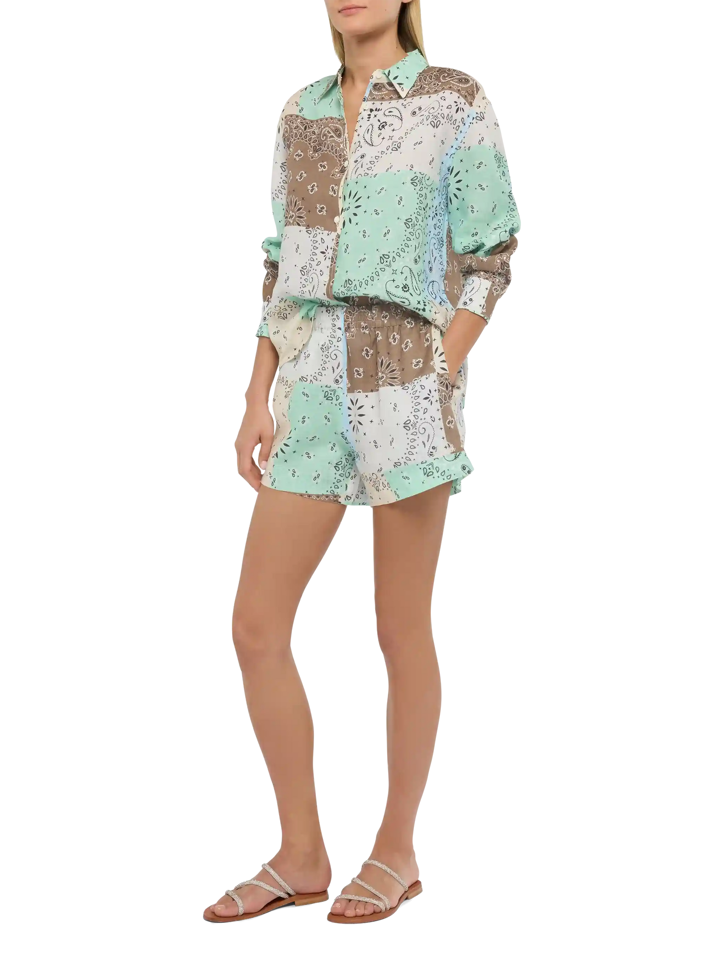 Meave linen pull up shorts with bandanna patch print