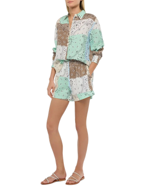 Meave linen pull up shorts with bandanna patch print